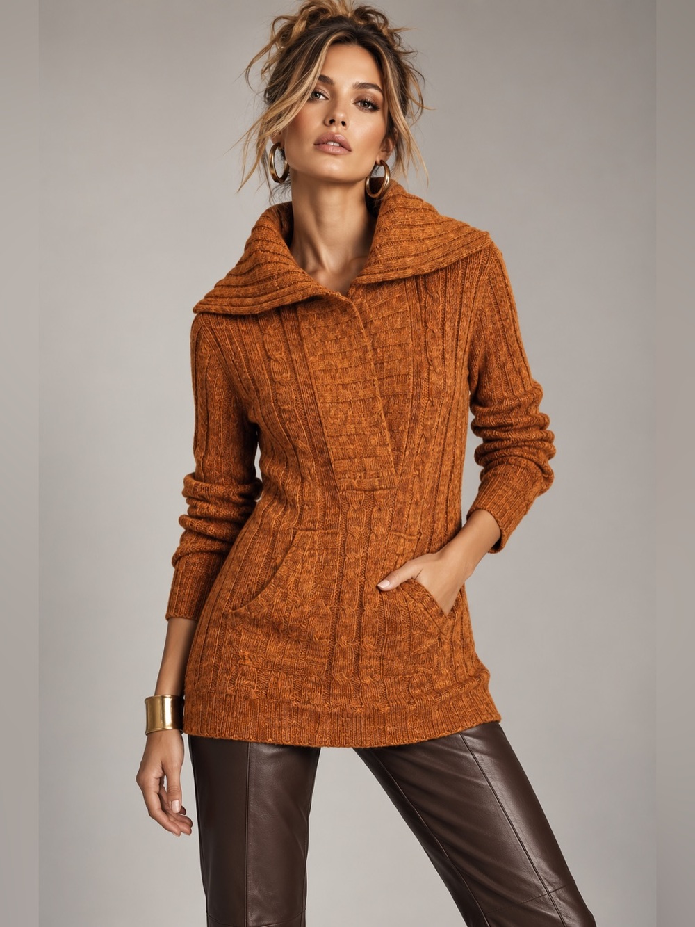 Duck Head Jeans Co Sz M Y2K Rust Orange Knit Sweater Cowl Shawl Collar Pockets